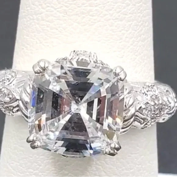 Judith Ripka Asscher Cut Fleur de lis diamonique sterling ring
